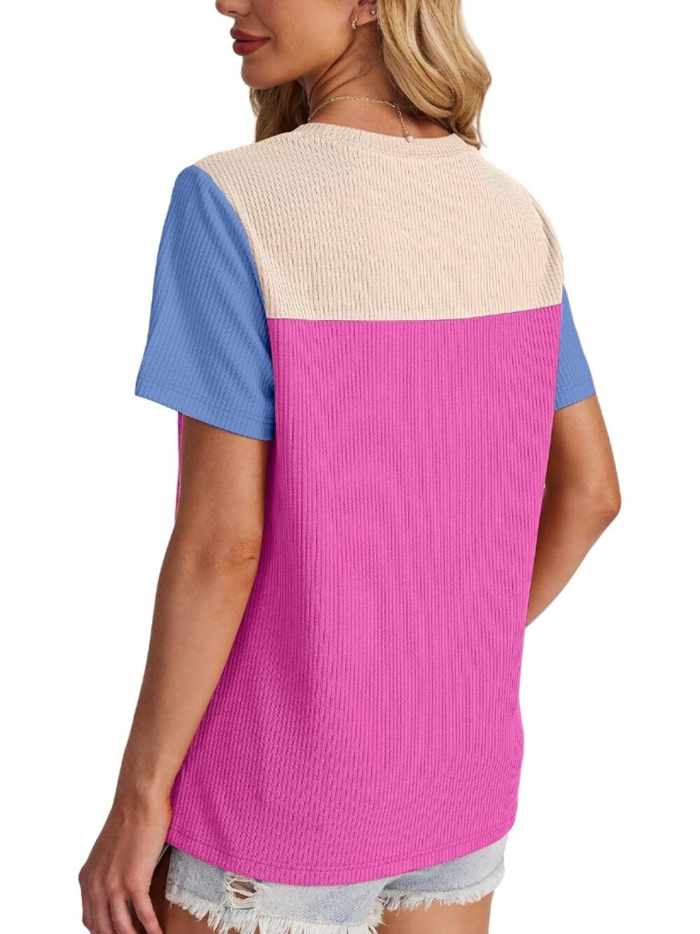 Womens Fashion 2026 Color Block Shirts Short Sleeve Knitted Summer Fall Tops Cas - Picture 2 of 4